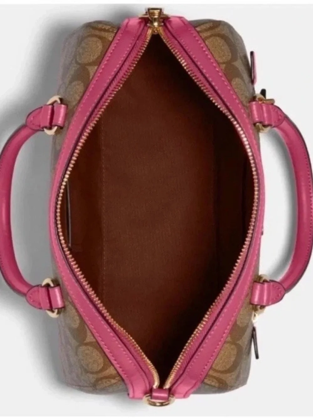 Coach Khaki & Dark Fuchsia Pink Rowan Signature Canvas Satchel Crossbody Handbag